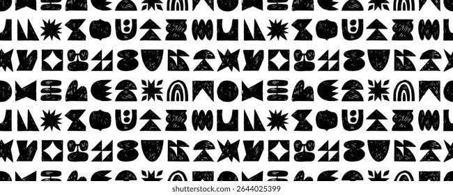 Graphic brutal shapes seamless pattern. Crayon drawn funky forms and figures background. Hand drawn vector seamless banner design with brutal playful shapes. Childish graphic bg. Bold scribbles.