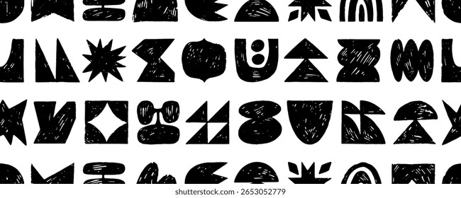 Graphic brutal shapes seamless pattern. Crayon drawn funky forms and figures background. Hand drawn vector seamless banner design with brutal playful shapes. Childish graphic bg. Bold scribbles.