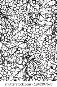 Graphic bunches of grapes and leaves. Vector seamless pattern