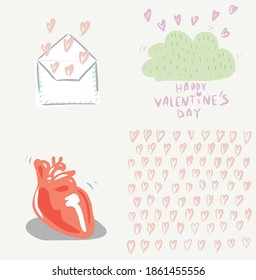 Grupo gráfico, paquete de edición de corazones. Patrón de fondo, sobre, árbol y dibujo cardiaco realista. Vector 