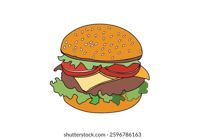 A graphic burger illustration showcasing a stacked bun, patty, cheese, lettuce, and toppings in a clean, stylized design. Bold colors and simple shapes create an appetizing.