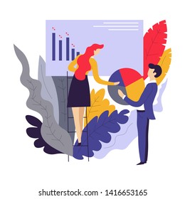 Graphic business concept diagram and chart man and woman vector statistics and analysis management and marketing strategy entrepreneurship teamwork or co-working businesssman and businessswoman