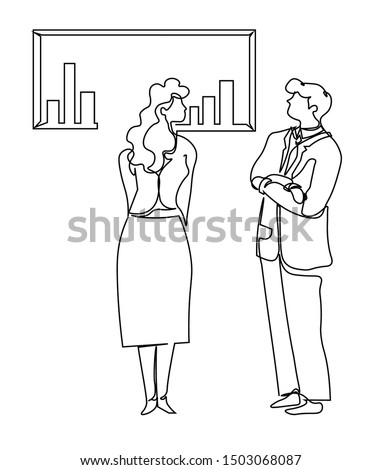 Graphic, business concept, statistics chart, man and woman isolated outline drawing vector. Analytics, management and marketing strategy. Teamwork or co-working, businesssman and businessswoman