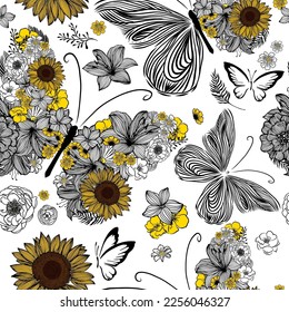 graphic butterflies and flowers seamless pattern. vector illustration. Design for fashion , fabric, textile, wallpaper, cover, web , wrapping and all prints