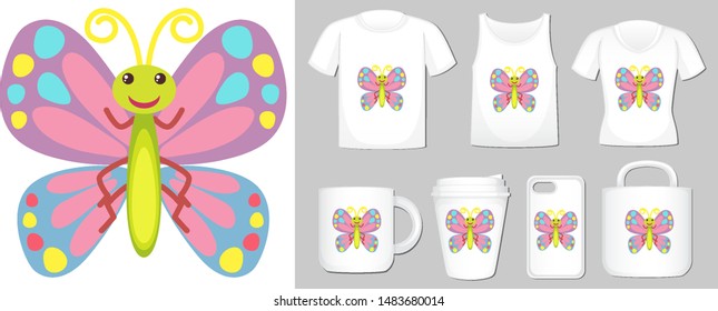 Graphic of butterfly on different types of product template illustration