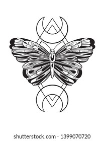 Graphic butterfly on geometric signs as an esoteric symbol