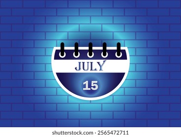 A graphic of a calendar page for July 15th, displayed on a blue brick wall. The design is clean and modern, suitable for various uses, including website banners, social media posts, or presentations.