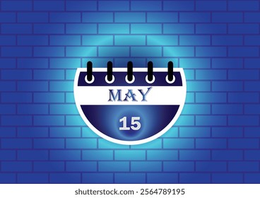 A graphic of a calendar page for May 15th, displayed on a blue brick wall. The design is clean and modern, suitable for various uses, including website banners, social media posts, or presentations.