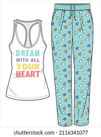 GRAPHIC CAMI  AND HEART SEAMLESS PAJAMA SET FOR WOMEN AND TEEN GIRLS IN EDITABLE VECTOR FILE