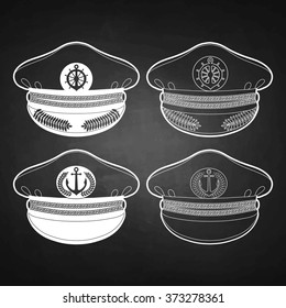 Graphic captain cap drawn in line art style.  Nautical vector stuff isolated on chalkboard