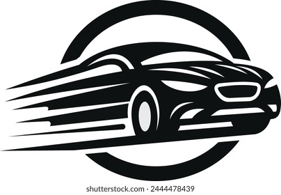 Graphic car logo with dynamic lines and circular backdrop.