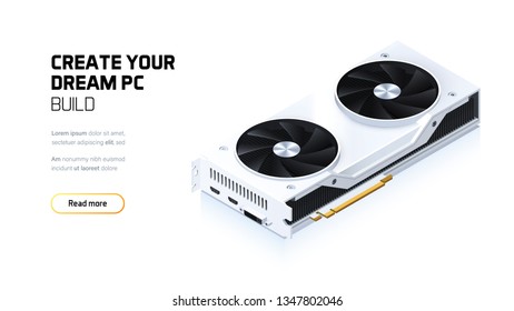 Graphic card 3d realistic isometric illustration, personal computer hardware components, custom gaming and workstation accessories, pc store and service