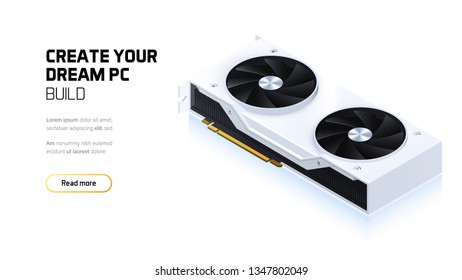 Graphic card 3d realistic isometric illustration, personal computer hardware components, custom gaming and workstation accessories, pc store and service