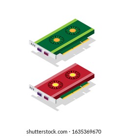 Graphic card, Desktop Computer internal parts, hardware for performance and gaming pc in red and green color in isometric flat illustration vector