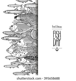 Graphic  card drawn in line art style. Vector sea and ocean creatures for seafood menu. Fish day template isolated on white background. Coloring book page design