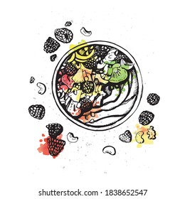 Graphic card of Fruit bowl.Vector illustration. Manual graphics.