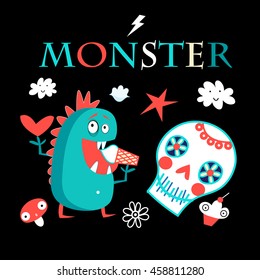 Graphic card with a funny monster and skull on a black background


