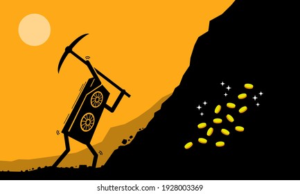 Graphic Card or GPU worker mining digital cryptocurrency coin or money at mining site. Vector illustration clip arts concept of mining crypto currency, digital currencies industry, and GPU farming. svg