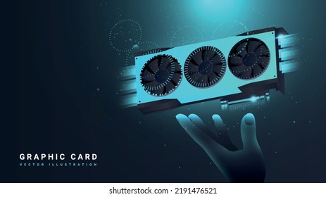 Graphic Card In Hand. Advertising Poster Or Banner For Website Of Online Store Of Equipment, Computer Parts. Gaming And Mining. Modern Technologies And Innovations. Realistic 3D Vector Illustration