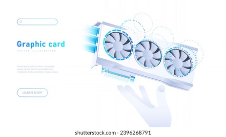 Graphic card in hand white poster. Hardware and part of computer, pc. Electronic industry, device. Landing page design. Cartoon isometric vector illustration isolated on white background