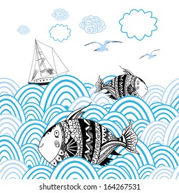 graphic card with marine fish and boat on the background with waves 