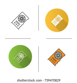 Graphic card for mining business icon. Flat design, linear and color styles. Connected video cards. Cryptocurrency gpu mining farm. Isolated vector illustrations