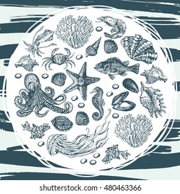 Graphic card with sea motifs. Illustration for greeting cards, invitations, and other printing projects.
