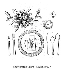 Graphic card of Table setting. Vector illustration. Manual graphics. Watercolor background.