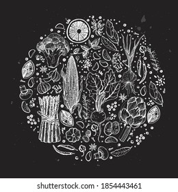 Graphic card of Vegetables. Vector illustration. Manual graphics.