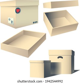 Graphic cardboard boxes in different turns and setups.