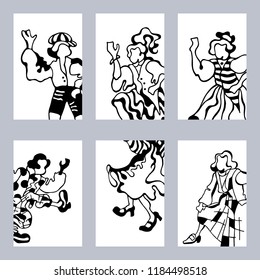 Graphic cards of the dancing happy people in the folk costumes on a white background. Vector illustration.