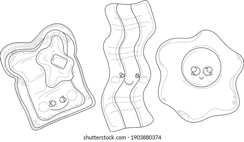 Graphic cartoon bacon, sunny fried egg and toast with jam sketch template set. Food vector illustartion for games, background, pattern, decor. Breakfast coloring paper, page, story book, print