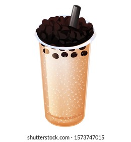 graphic cartoon boba bubble milk tea in plastic glass isolated on white background