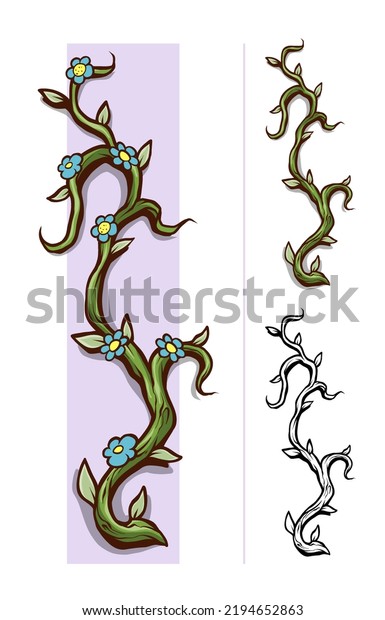 Graphic\
cartoon green plant branch, stem with leaves and violet flowers.\
Isolated on white background. Vector icon\
set.