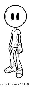 Graphic cartoon hand drawn black and white standing funny cute smile head boy character with big eyes. Isolated on white background. Vector icon. Vol. 5