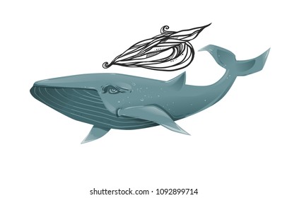 Graphic cartoon illustration of blue whale, isolated on a white background. The whale  with fountain.