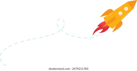 Gráfico de dibujos animados naranja cohete barco volando. Rastro que representa el bucle de trazado de movimiento, creando línea curva. Lanzamiento de cohetes, disparos de llamas, ilustración de la nave, viaje de Vector espacial. Simple plano