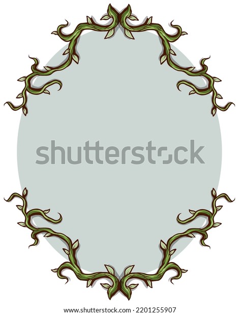 Graphic cartoon oval\
green border frame branch, stem with leaves. Isolated on white\
background. Vector\
icon.