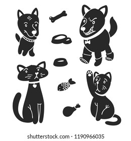 Graphic Cartoon pets and their food; Cat, kitty, dog, puppy flat characters;  Pet food, fish, bone and chicken leg vector