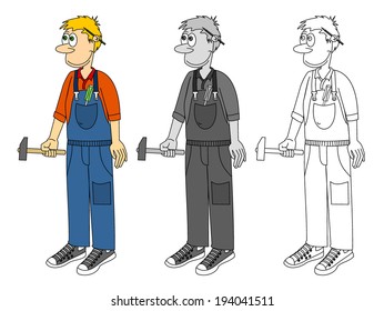 Graphic of a cartoon plumber, auto mechanic or handyman in overalls holding a hammer, vector art image illustration, isolated on white background, colorful, grayscale and outline, hand drawn design