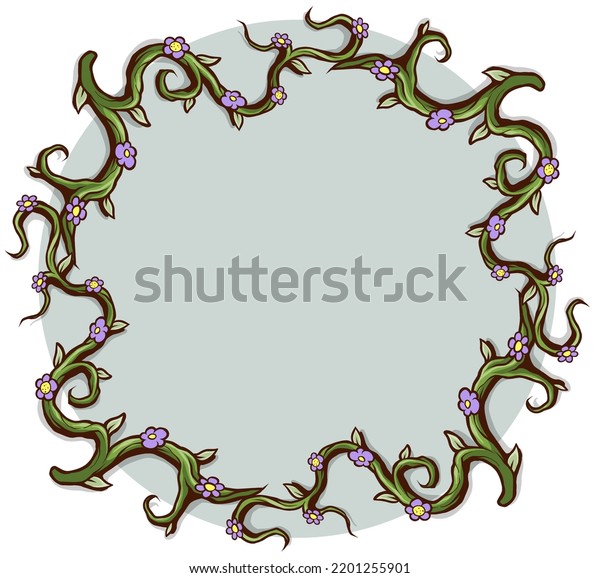 Graphic cartoon round green border frame branch,\
stem with leaves and violet flowers. Isolated on white background.\
Vector icon.