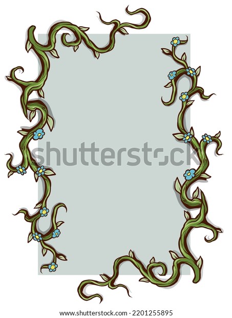 Graphic cartoon square green border frame branch,\
stem with leaves and blue flowers. Isolated on white background.\
Vector icon.