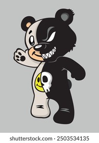 Graphic and cartoon style illustration of a half-good, half-evil bear. Casual art.