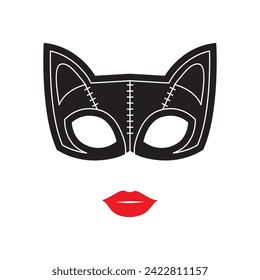 Graphic cat mask and red lips for costume party design - Cat Woman Mask - Minimal Illustration