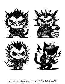 A graphic cat in punk or rock n roll style, crangky and cute cat chibi character, ready to use and customable 