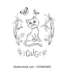 graphic cat with wildflowers with insects