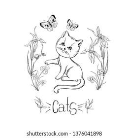 graphic cat with wildflowers with insects