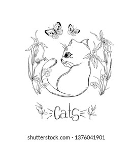 graphic cat with wildflowers with insects