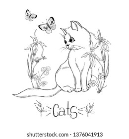 graphic cat with wildflowers with insects