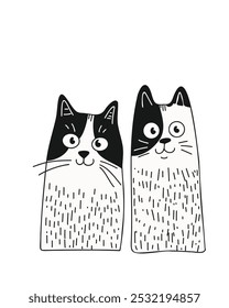 Graphic cats in minimalist black and white vector illustration, doodle style, hand-drawn, on a white background